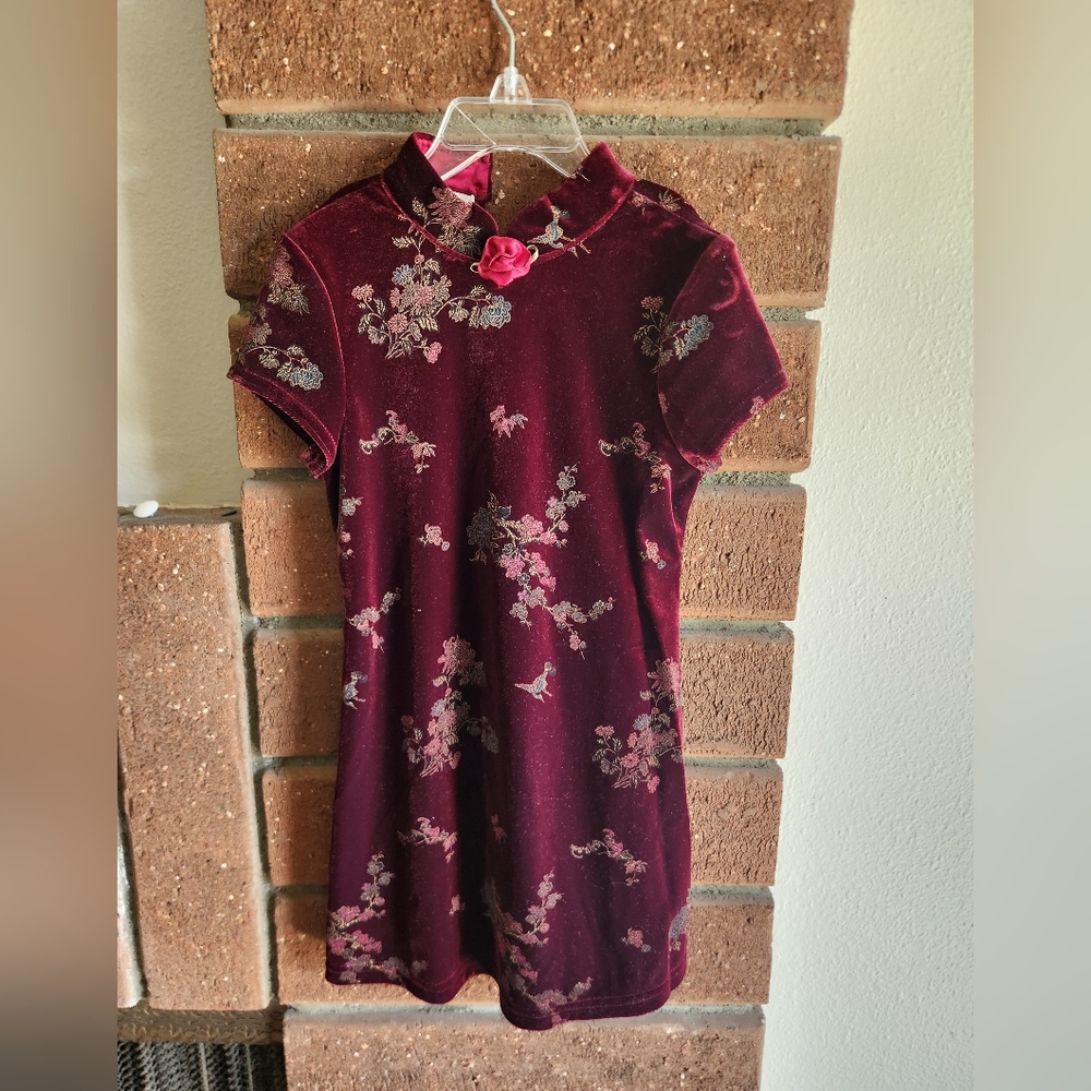 Jessica McClintock Floral Velvet Kids Dress - Burgundy